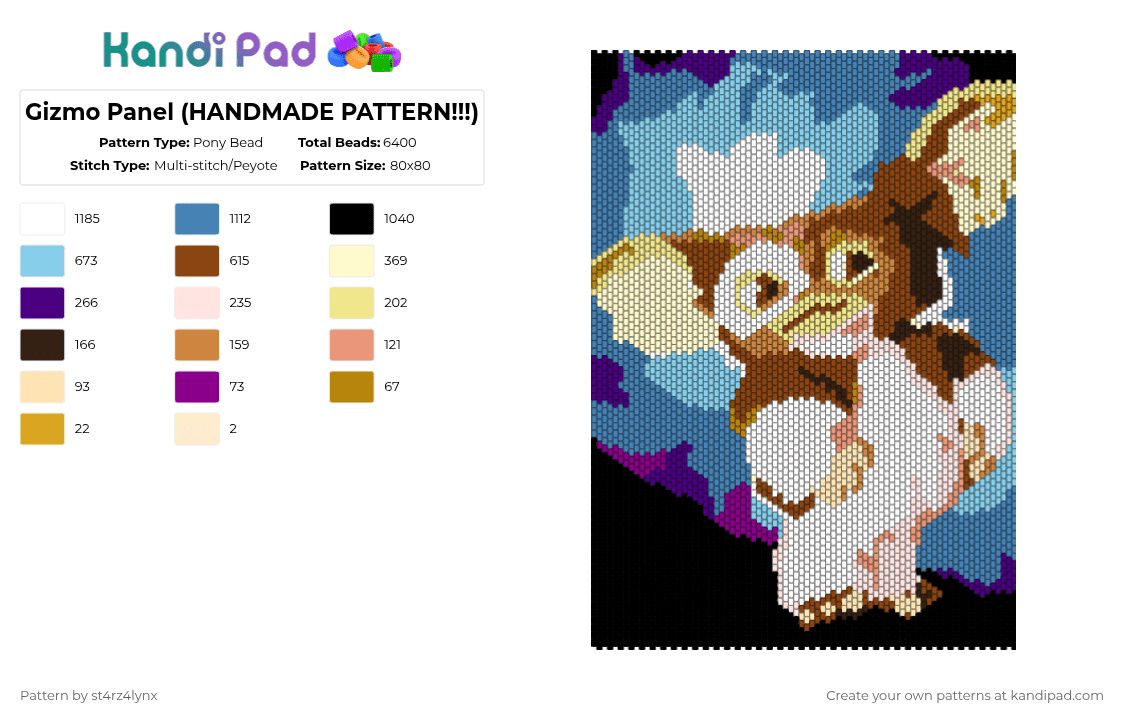 Gizmo Panel (HANDMADE PATTERN!!!) - Pony Bead Pattern by st4rz4lynx on Kandi Pad - yellow,red,blue,light blue,cotdgoblins,gremlins,movie,old timey,gizmo,mogwai,spike,series