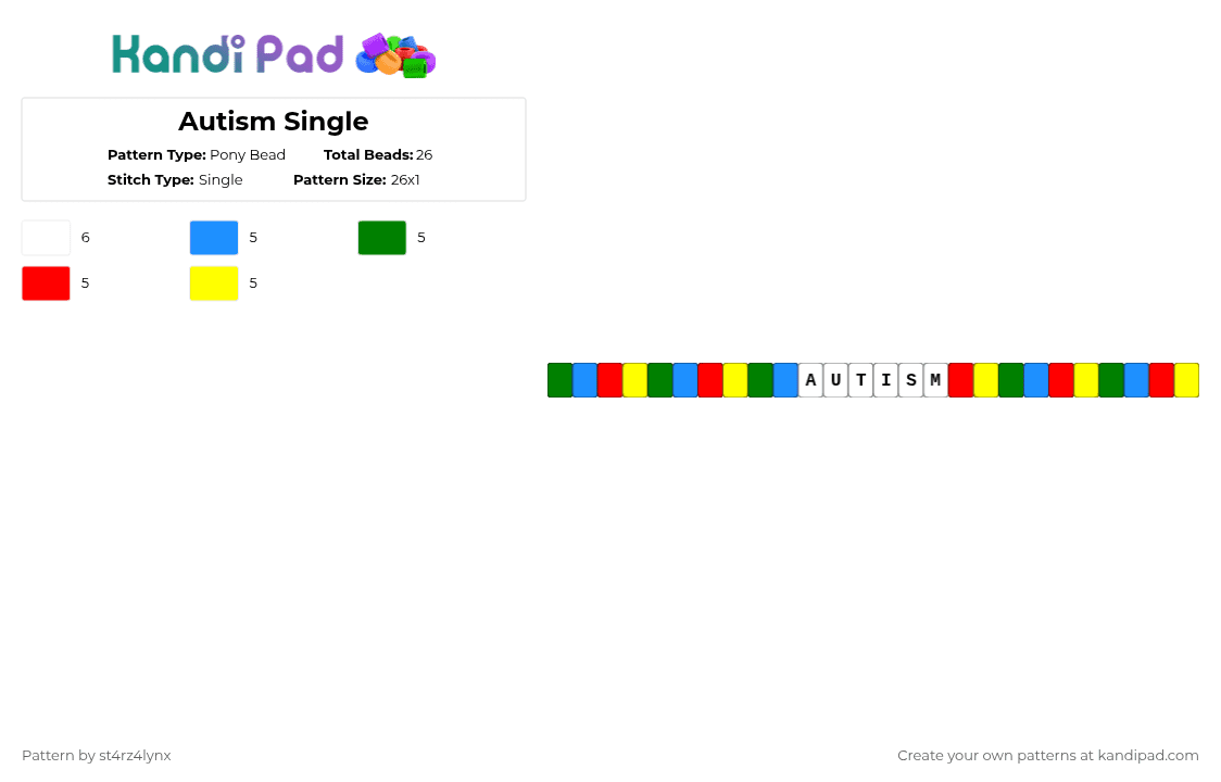 Autism Single - Pony Bead Pattern by st4rz4lynx on Kandi Pad - light blue,green,red,yellow,colorful,rainbow,autism,awareness,single,four colors,multicolored,awesome