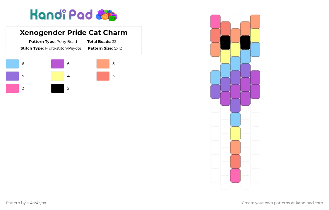 Xenogender Pride Cat Charm - Pony Bead Pattern by st4rz4lynx on Kandi Pad - pink,orange,light blue,cat,charm,pride,animal,love is love,love,gay,support
