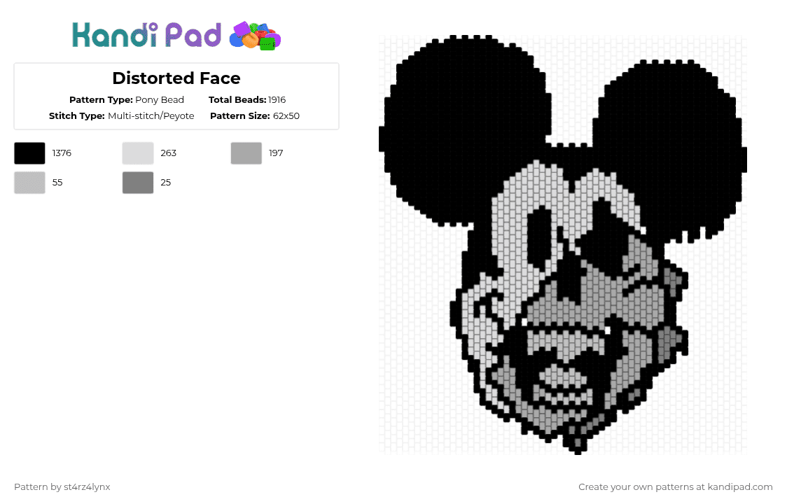 Distorted Mickey Mouse - Pony Bead Pattern by st4rz4lynx on Kandi Pad - black,beige,cotddistortion,mm,skull,distorted,distortion,late challenge,grey