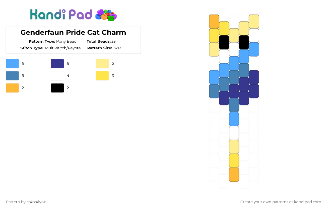 Genderfaun Pride Cat Charm - Pony Bead Pattern by st4rz4lynx on Kandi Pad - yellow,light blue,blue,purple,cat,charm,pride,animal,love is love,love,gay,support