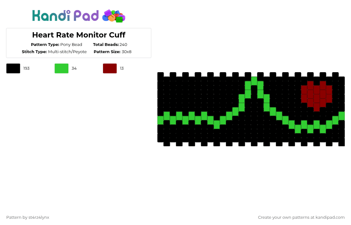 Heart Rate Monitor Cuff - Pony Bead Pattern by st4rz4lynx on Kandi Pad - black,green,red,heart,health,monitor,beep,machine,cotdhospitals
