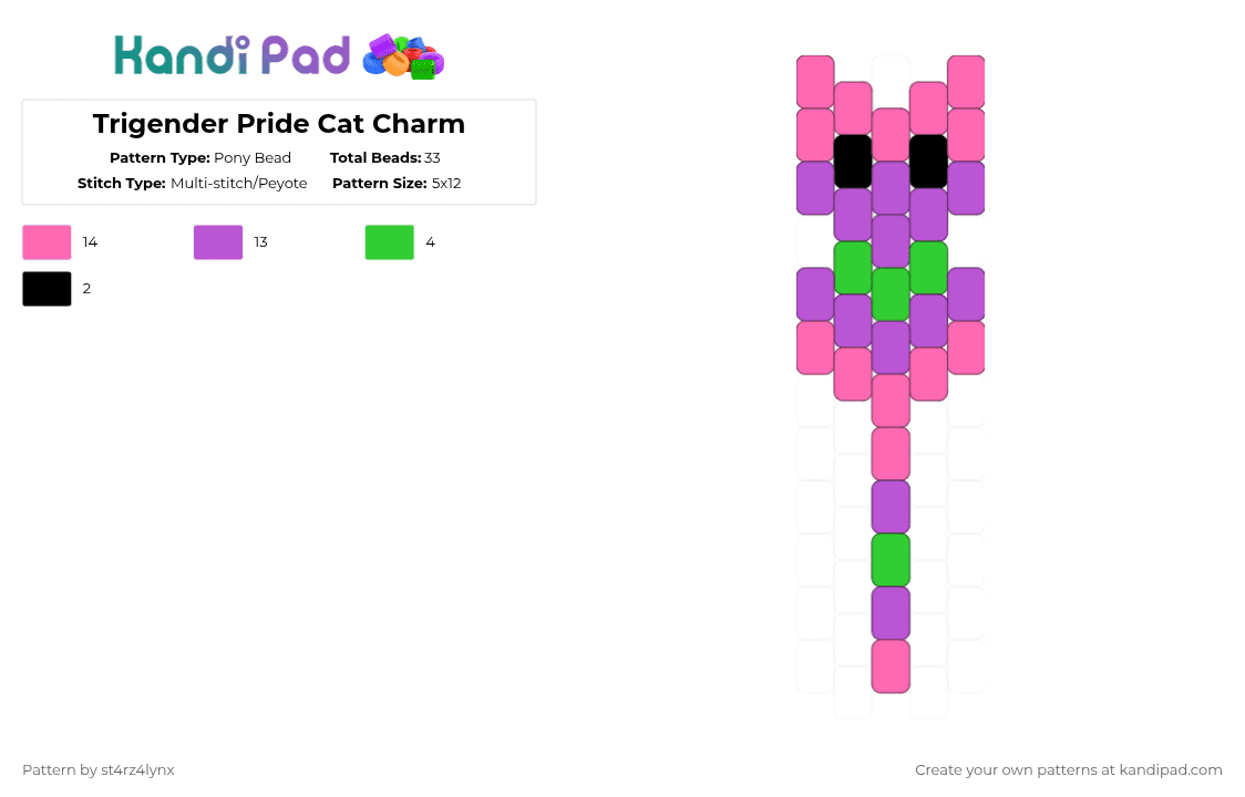 Trigender Pride Cat Charm - Pony Bead Pattern by st4rz4lynx on Kandi Pad - pink,cat,charm,pride,animal,love is love,love,gay,support