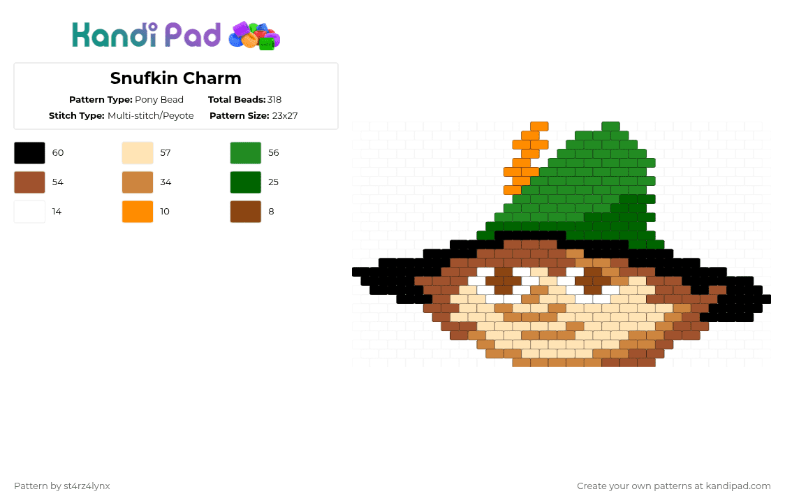 Snufkin Charm - Pony Bead Pattern by st4rz4lynx on Kandi Pad - green,red,snufkin,moominvalley,games,melody of moominvalley,animated,joxter,charm