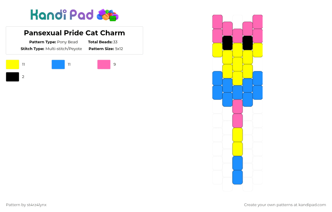Pansexual Pride Cat Charm - Pony Bead Pattern by st4rz4lynx on Kandi Pad - yellow,light blue,cat,charm,pride,animal,love is love,love,gay,support