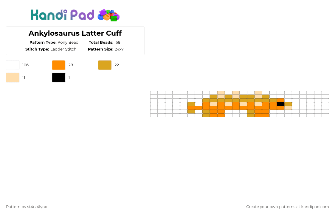 Ankylosaurus Latter Cuff - Pony Bead Pattern by st4rz4lynx on Kandi Pad - white,orange,ankylosaurus,dinosaur,armored dinosaur,cretaceous period,dino,ankylo,bumpy