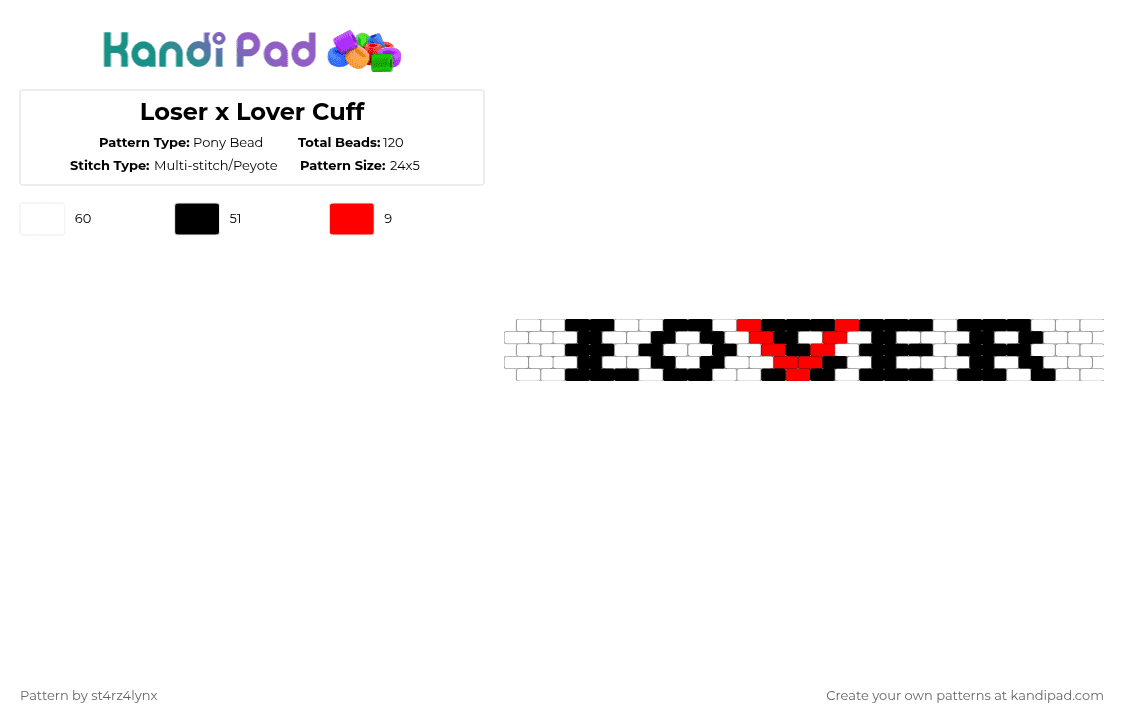 Loser x Lover Cuff - Pony Bead Pattern by st4rz4lynx on Kandi Pad - white,loser,lover,v,red,black,alternative,wordplay