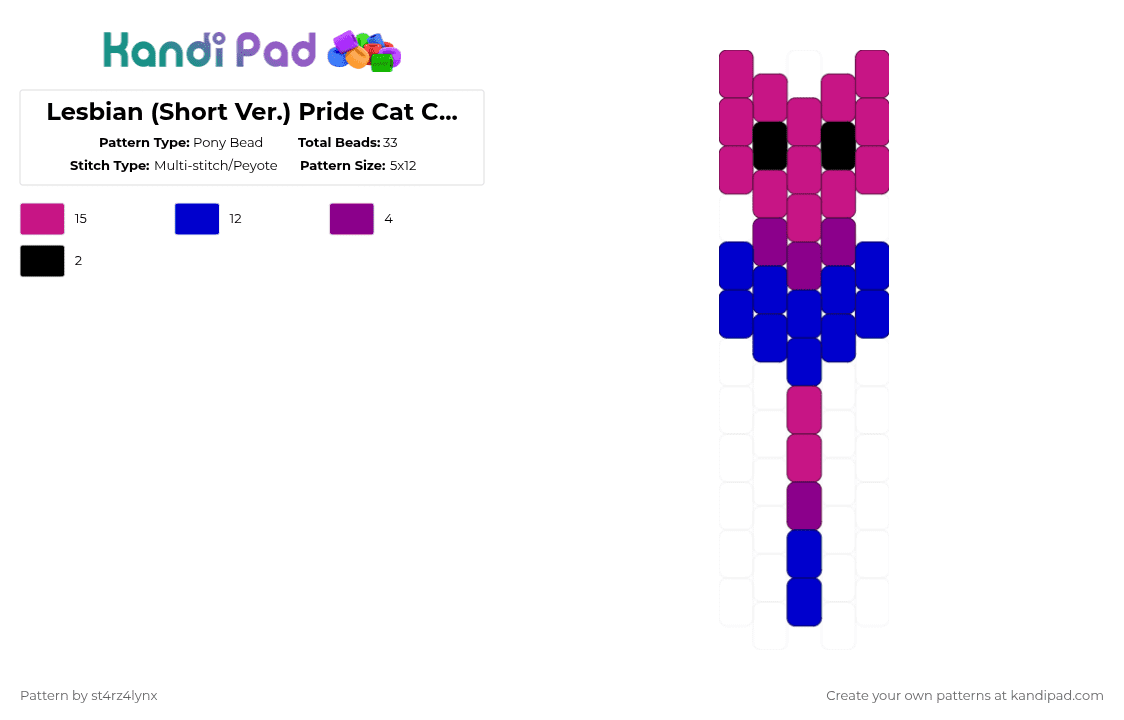 Bisexual Pride Cat Charm - Pony Bead Pattern by st4rz4lynx on Kandi Pad - pink,purple,cat,charm,pride,animal,love is love,love,gay,support