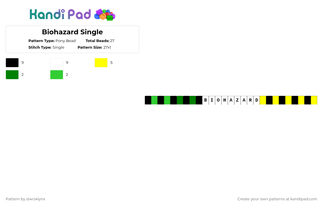 Biohazard Single - Pony Bead Pattern by st4rz4lynx on Kandi Pad - yellow,green,single,toxic,biohazard,fursona name,names,black and yellow,multicolored,sludge