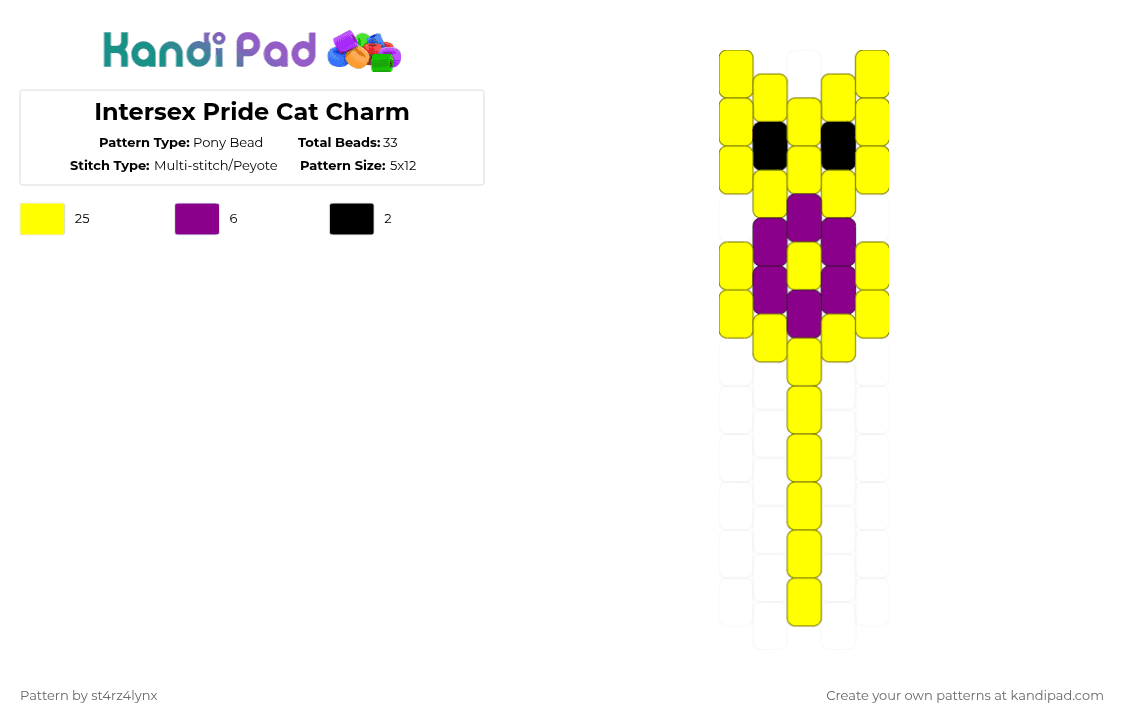 Intersex Pride Cat Charm - Pony Bead Pattern by st4rz4lynx on Kandi Pad - yellow,cat,charm,pride,animal,love is love,love,gay,support