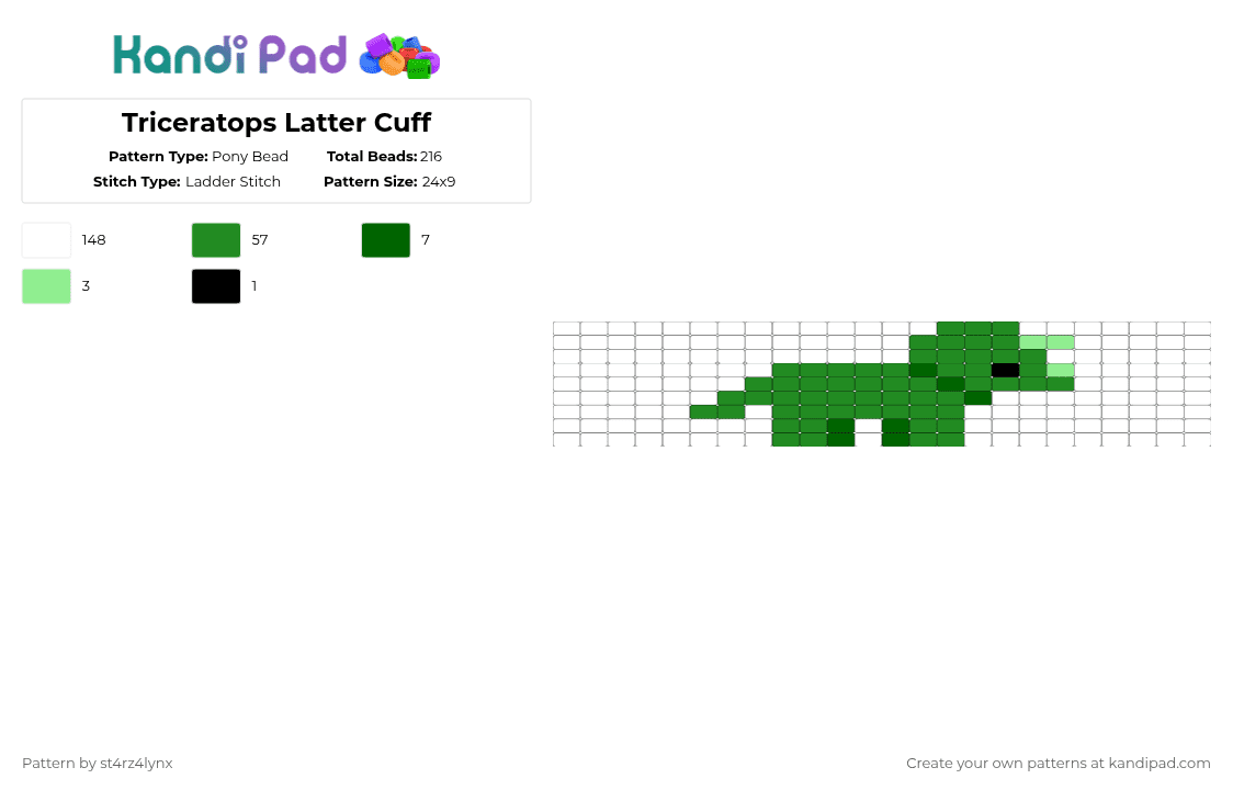 Triceratops Latter Cuff - Pony Bead Pattern by st4rz4lynx on Kandi Pad - white,green,dino,dinosaur,triceratops,pixel,horns,tri,cute