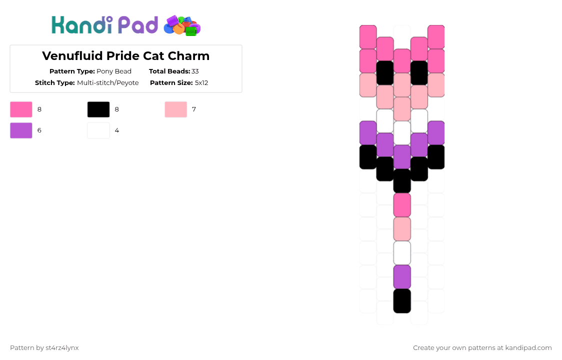 Venufluid Pride Cat Charm - Pony Bead Pattern by st4rz4lynx on Kandi Pad - pink,cat,charm,pride,animal,love is love,love,gay,support