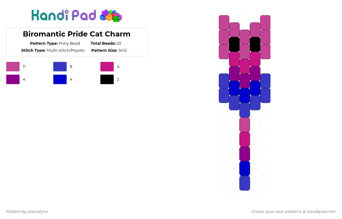 Biromantic Pride Cat Charm - Pony Bead Pattern by st4rz4lynx on Kandi Pad - pink,purple,cat,charm,pride,animal,love is love,love,gay,support