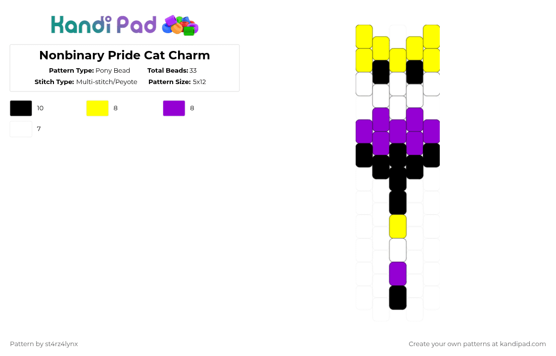 Nonbinary Pride Cat Charm - Pony Bead Pattern by st4rz4lynx on Kandi Pad - yellow,purple,cat,charm,pride,animal,love is love,love,gay,support