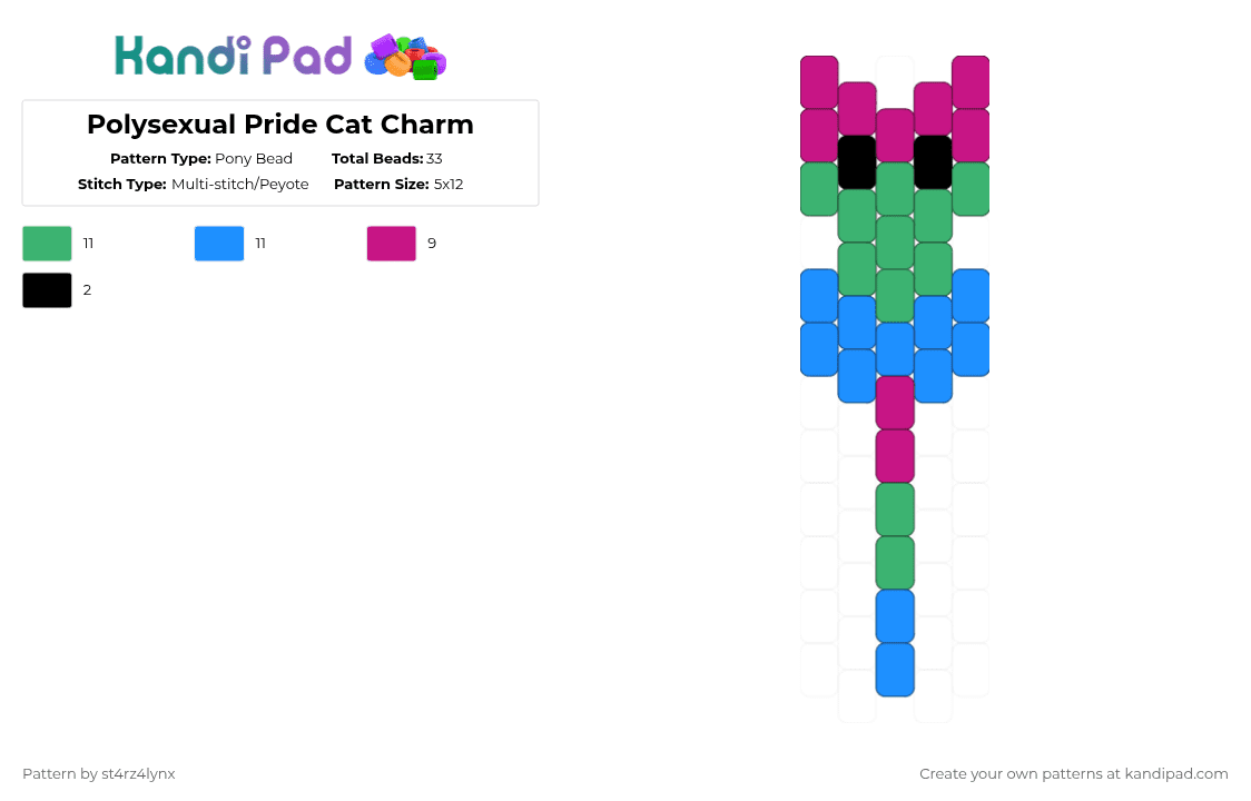 Polysexual Pride Cat Charm - Pony Bead Pattern by st4rz4lynx on Kandi Pad - green,light blue,cat,charm,pride,animal,love is love,love,gay,support