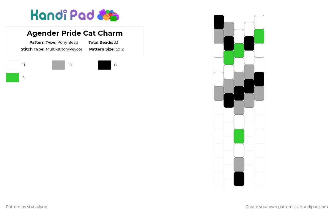 Agender Pride Cat Charm - Pony Bead Pattern by st4rz4lynx on Kandi Pad - beige,green,cat,charm,pride,animal,love is love,love,gay,support