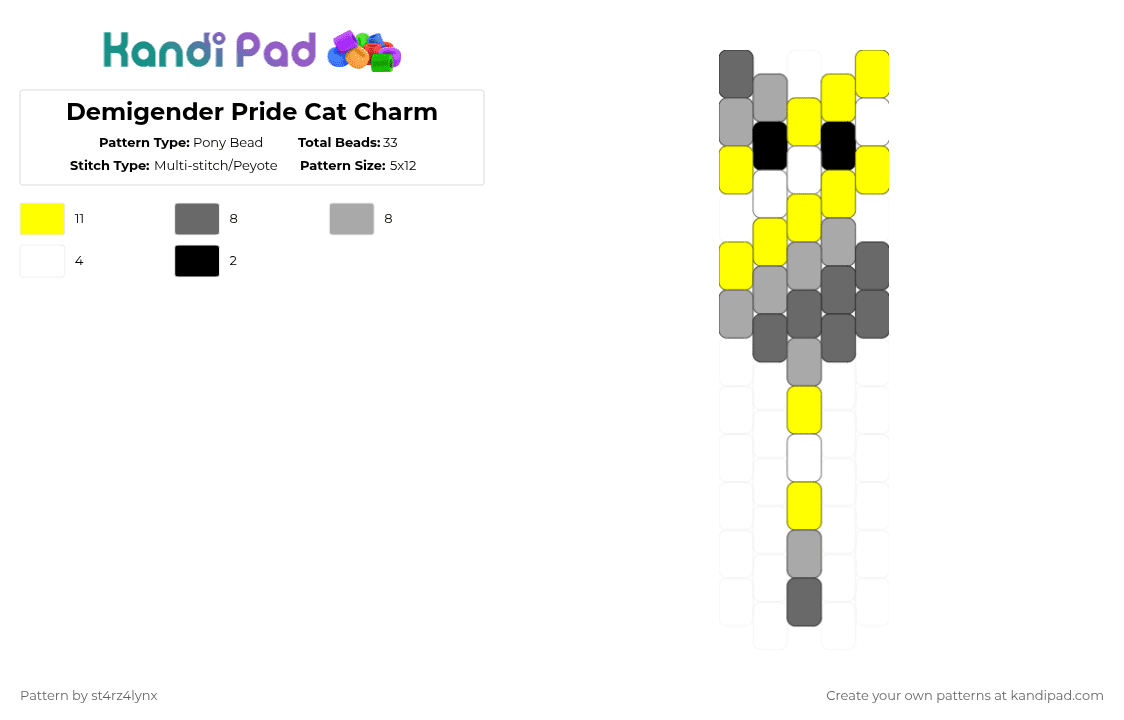 Demigender Pride Cat Charm - Pony Bead Pattern by st4rz4lynx on Kandi Pad - yellow,cat,charm,pride,animal,love is love,love,gay,support