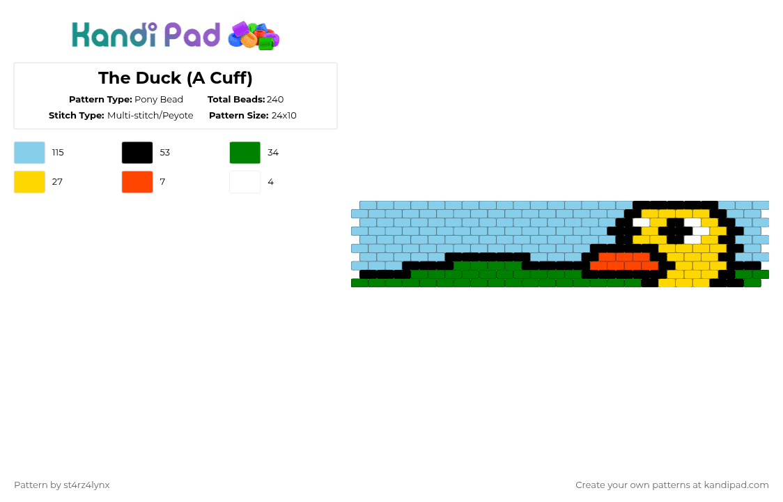 The Duck (A Cuff) - Pony Bead Pattern by st4rz4lynx on Kandi Pad - light blue,cotdlemonadestand,duck,animal,yellow,grapes,the duck walked up,blue,green