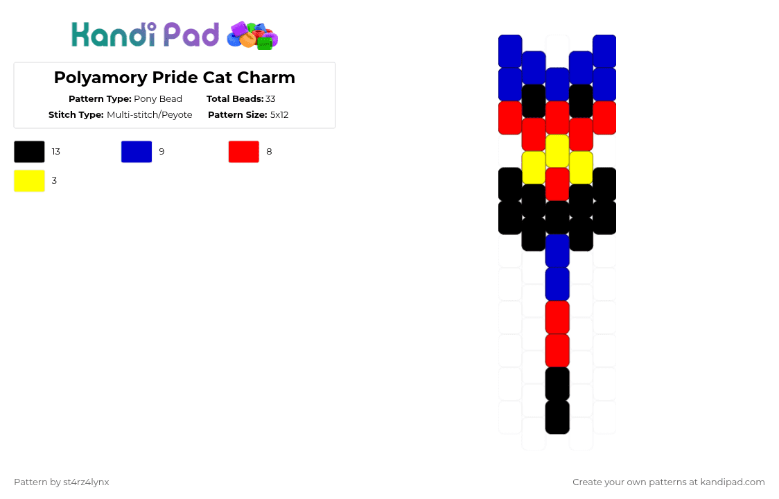 Polyamory Pride Cat Charm - Pony Bead Pattern by st4rz4lynx on Kandi Pad - purple,red,cat,charm,pride,animal,love is love,love,gay,support
