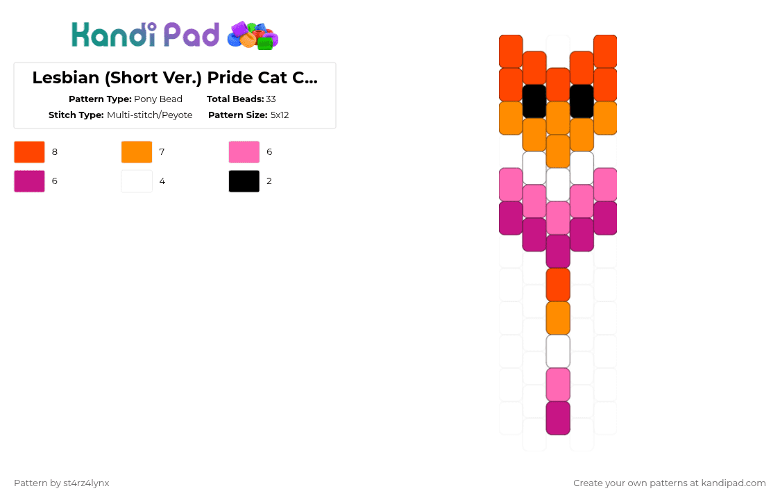 Lesbian Pride Cat Charm (Short Ver.) - Pony Bead Pattern by st4rz4lynx on Kandi Pad - pink,cat,charm,pride,animal,love is love,love,gay,support