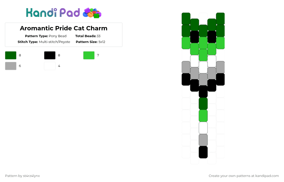 Aromantic Pride Cat Charm - Pony Bead Pattern by st4rz4lynx on Kandi Pad - green,beige,cat,charm,pride,animal,love is love,love,gay,support