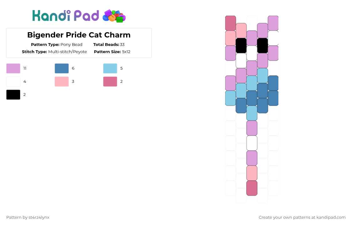 Bigender Pride Cat Charm - Pony Bead Pattern by st4rz4lynx on Kandi Pad - pink,cat,charm,pride,animal,love is love,love,gay,support