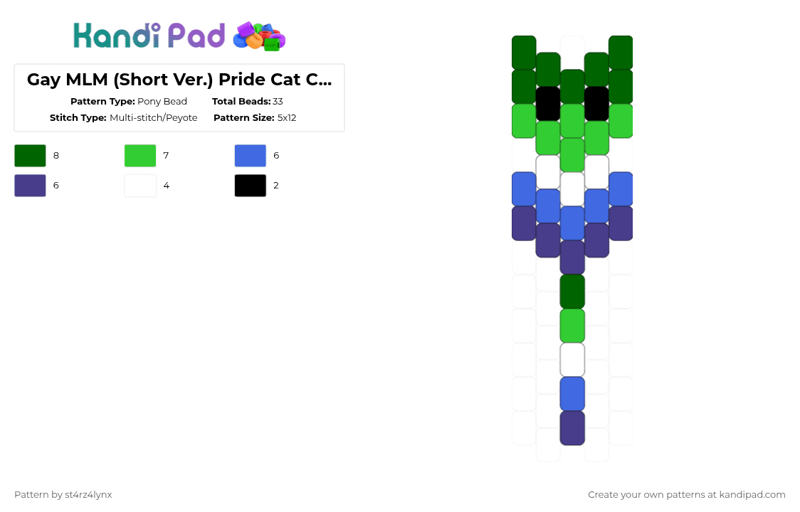 Gay MLM Pride Cat Charm (Short Ver.) - Pony Bead Pattern by st4rz4lynx on Kandi Pad - green,cat,charm,pride,animal,love is love,love,gay,support