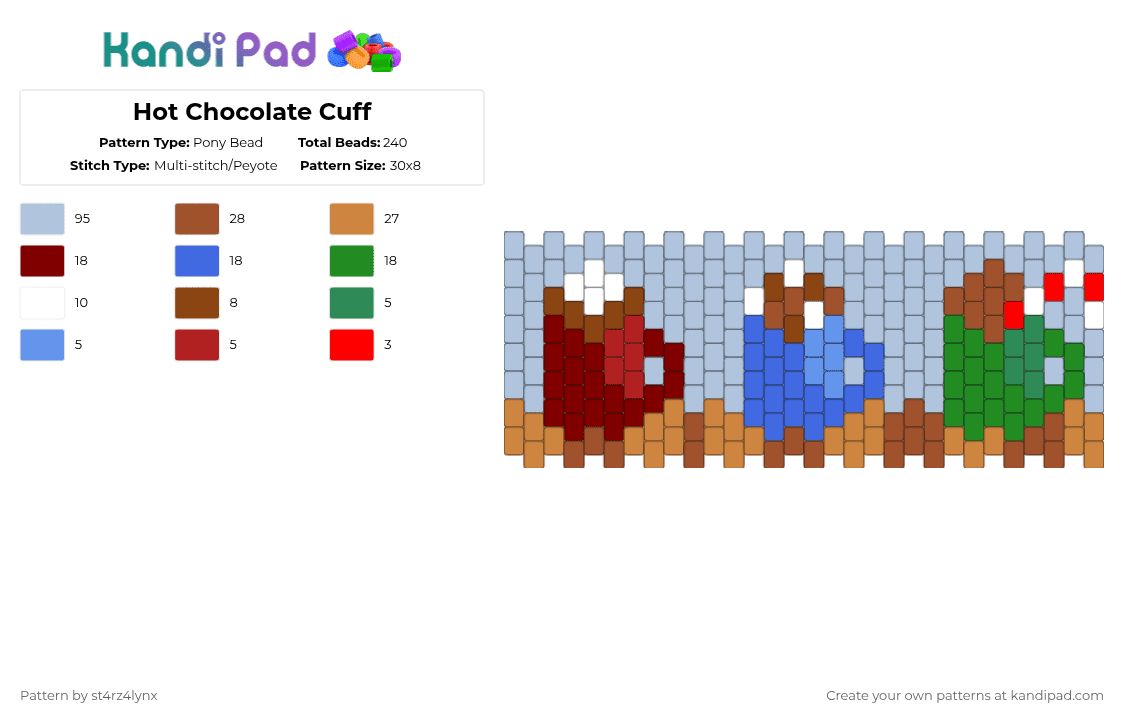 Hot Chocolate Cuff - Pony Bead Pattern by st4rz4lynx on Kandi Pad - light blue,red,cotdhotchocolate,hot,chocolate,mug,marshmallow,christmas,candycane,cold