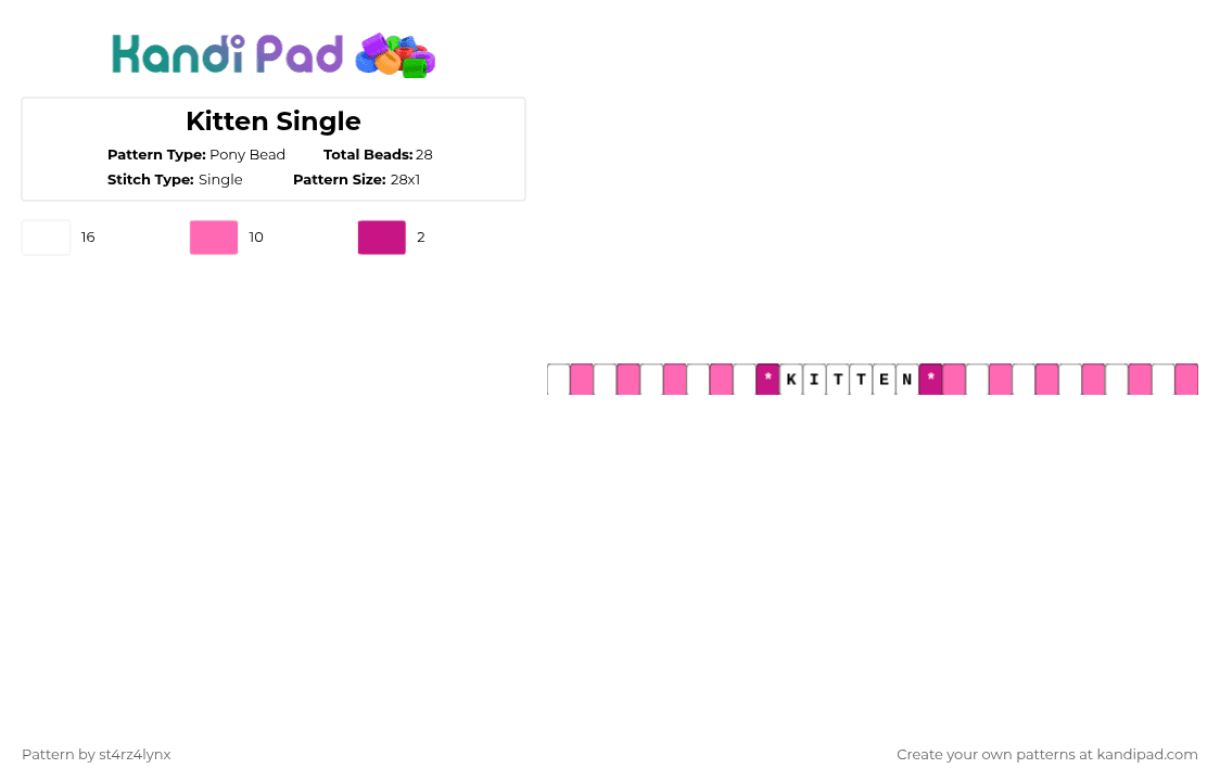 Kitten Single - Pony Bead Pattern by st4rz4lynx on Kandi Pad - white,pink,kitten,cutecore,pattern,single,cat,cute
