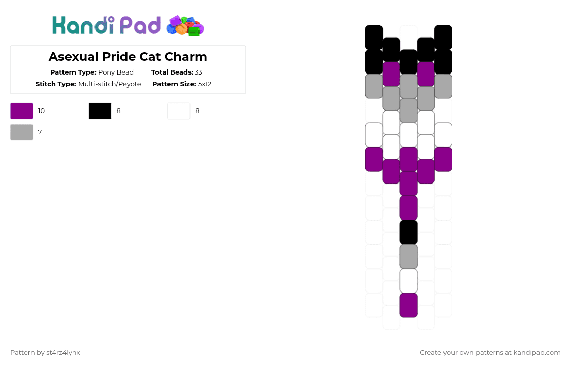 Asexual Pride Cat Charm - Pony Bead Pattern by st4rz4lynx on Kandi Pad - beige,pink,cat,charm,pride,animal,love is love,love,gay,support