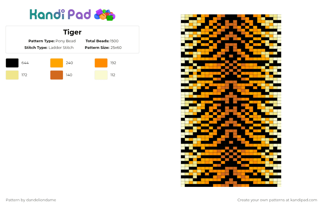 Tiger - Pony Bead Pattern by dandeliondame on Kandi Pad - orange
