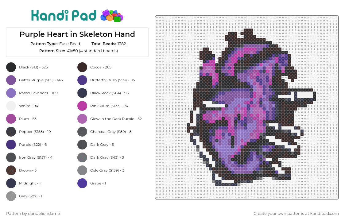 Purple Heart in Skeleton Hand - Fuse Bead Pattern by dandeliondame on Kandi Pad - heart,skeleton,horror,spooky,macabre,gothic,eerie,fantasy,hand,purple
