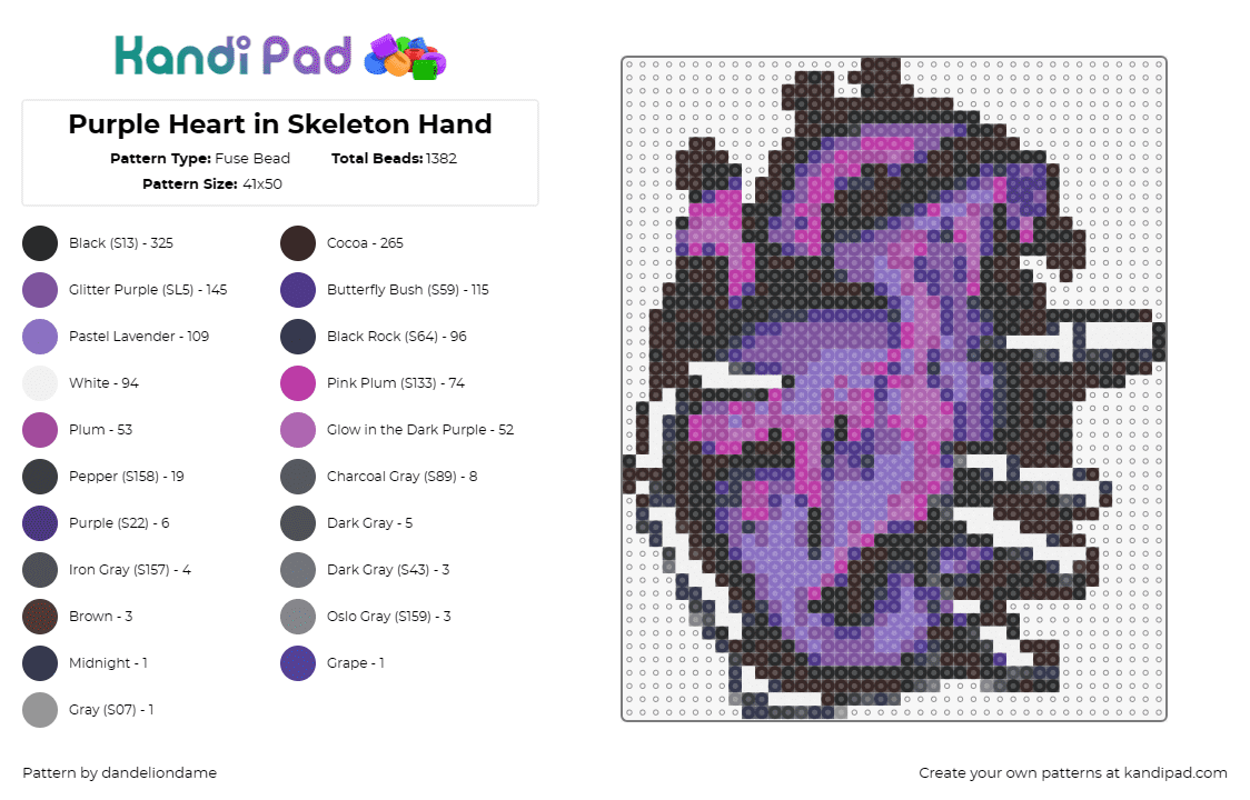 Purple Heart in Skeleton Hand - Fuse Bead Pattern by dandeliondame on Kandi Pad - heart,skeleton,horror,spooky,macabre,gothic,eerie,fantasy,hand,purple