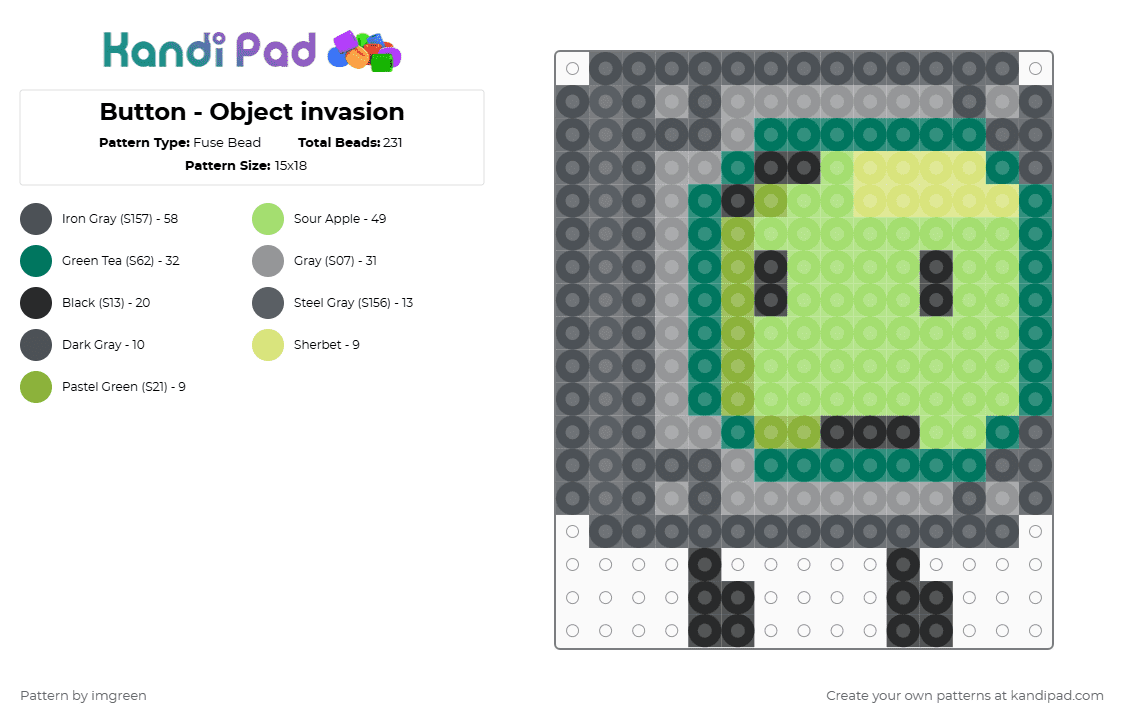 Button - Object invasion - Fuse Bead Pattern by imgreen on Kandi Pad - gray, green, osc, purple