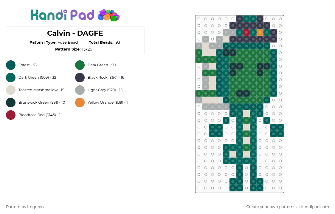 Calvin - DAGFE - Fuse Bead Pattern by imgreen on Kandi Pad - gray, green, osc, teal