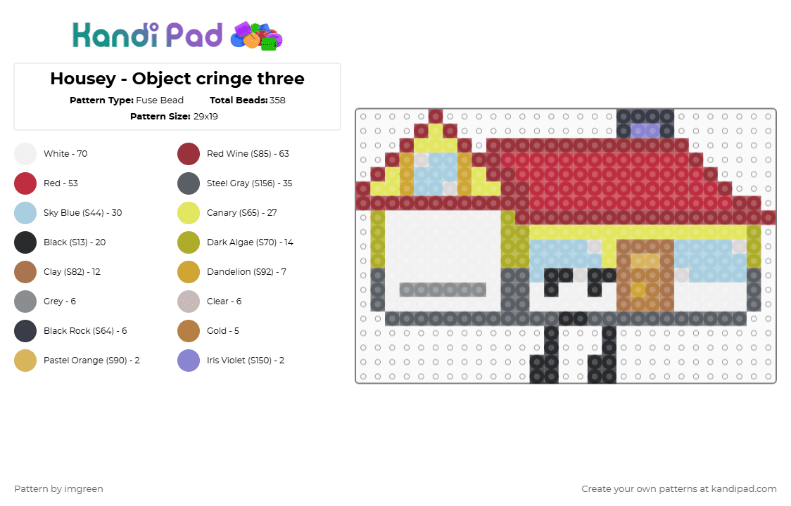 Housey - Object cringe three - Fuse Bead Pattern by imgreen on Kandi Pad - gray,yellow,light blue,red,osc