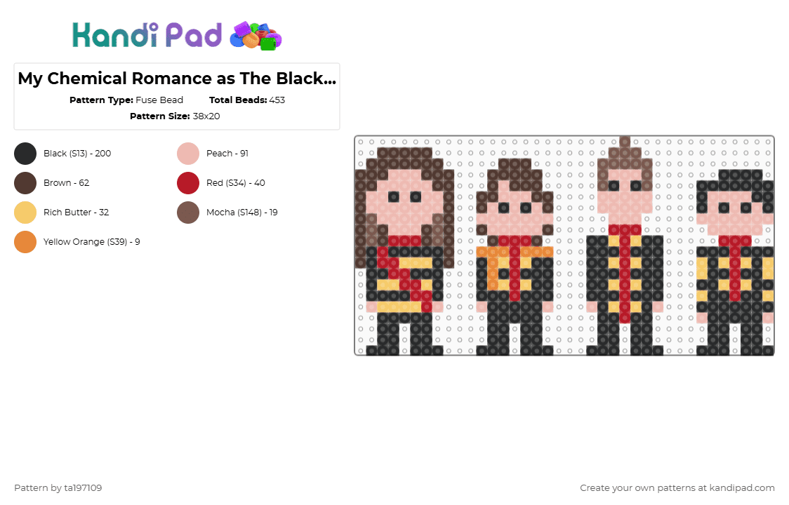 My Chemical Romance as The Black Parade Summer \'25 - Fuse Bead Pattern by ta197109 on Kandi Pad - my chemical romance,mcr,band,emo,punk,black parade,black,red,beige,brown,blackparade,threecheers,gerard,ray,mickey,frank