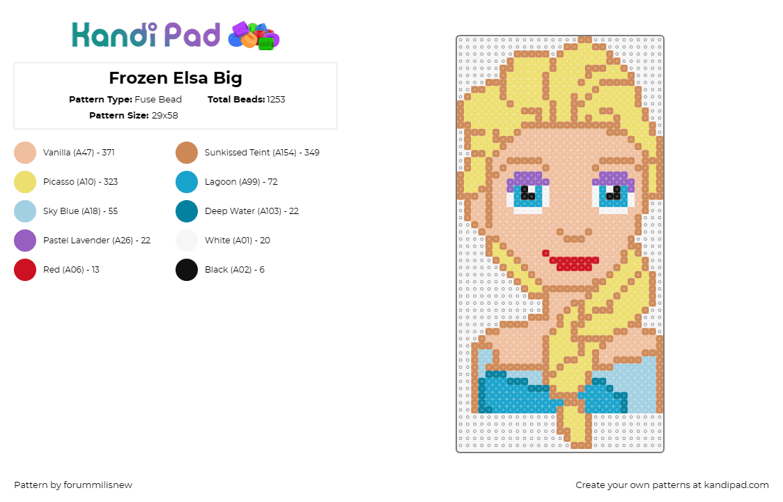 Frozen Elsa Big - Fuse Bead Pattern by forummilisnew on Kandi Pad - elsa,frozen,disney,princess,animated,character,blonde