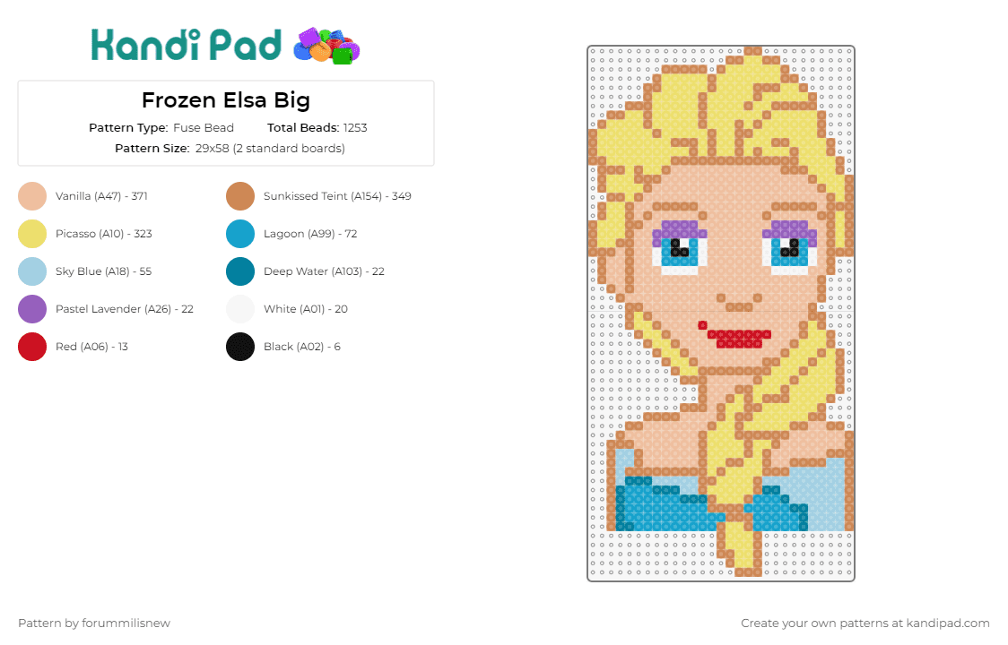 Frozen Elsa Big - Fuse Bead Pattern by forummilisnew on Kandi Pad - elsa,frozen,disney,princess,animated,character,blonde