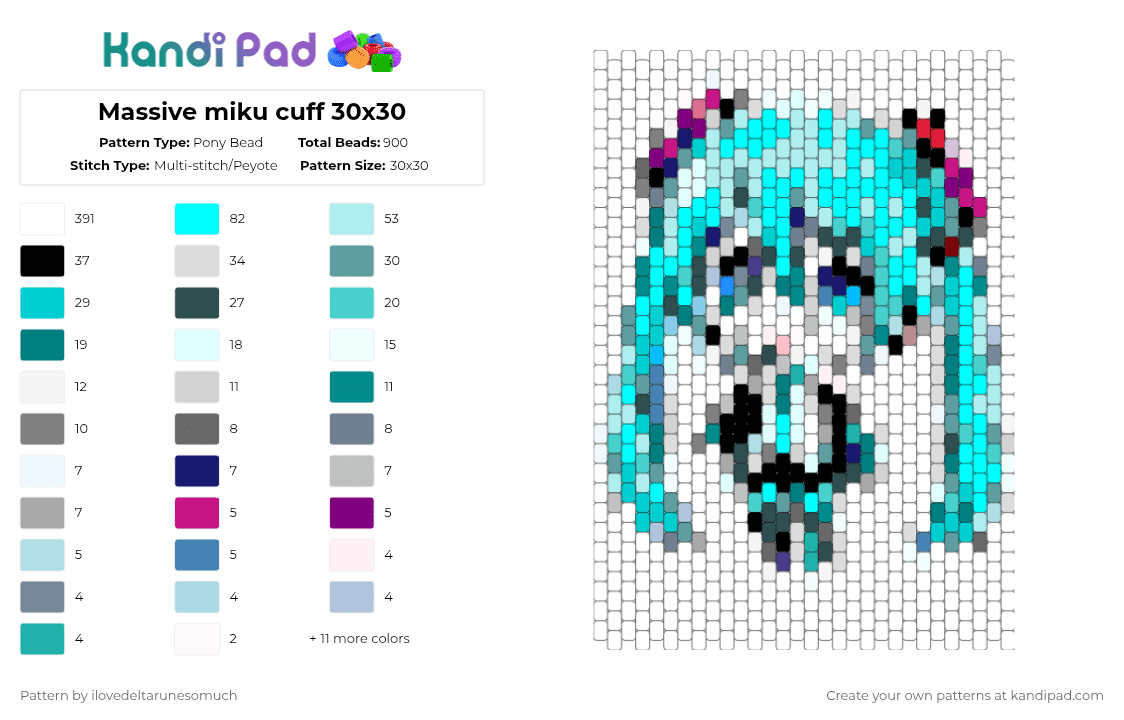 Massive miku cuff 30x30 - Pony Bead Pattern by ilovedeltarunesomuch on Kandi Pad - white,gray,teal,light blue