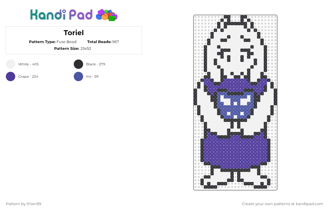 Toriel - Fuse Bead Pattern by thien99 on Kandi Pad - white,purple