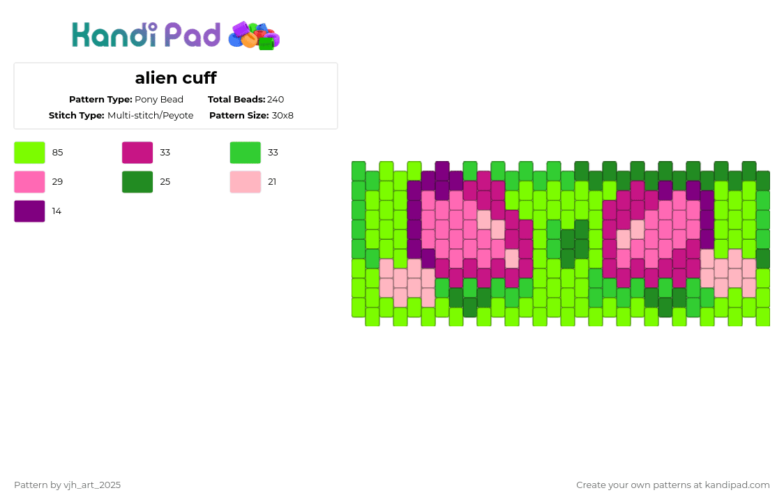 alien cuff - Pony Bead Pattern by vjh_does_art on Kandi Pad - pink,green