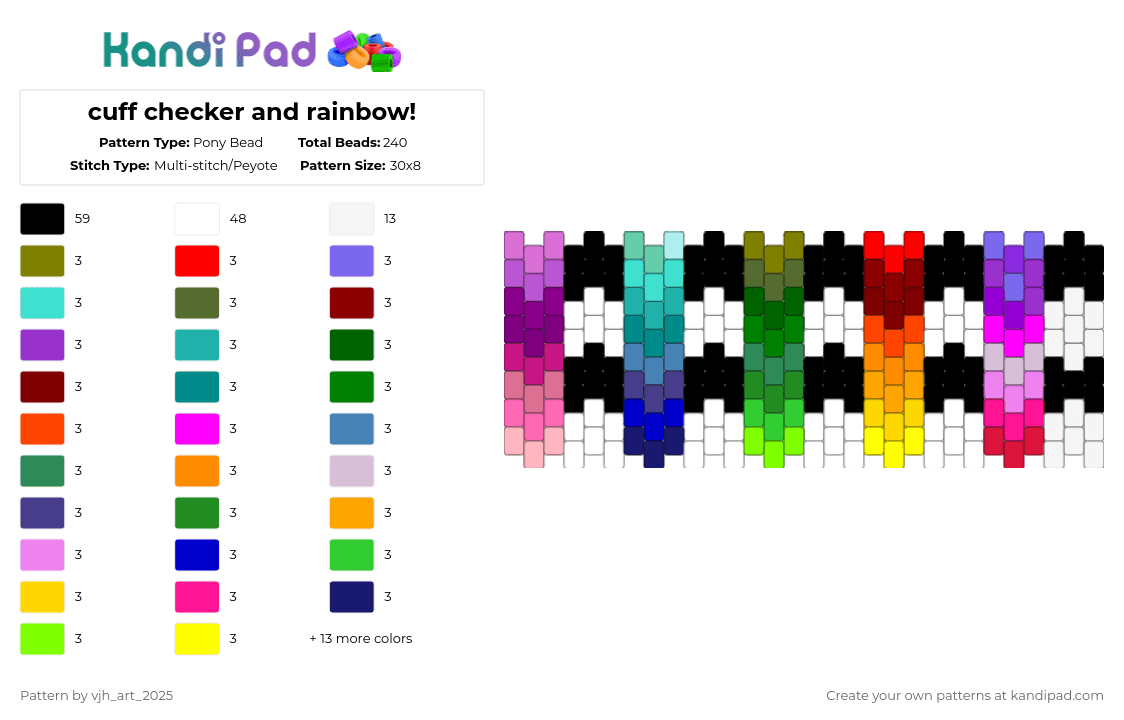 cuff checker and rainbow! - Pony Bead Pattern by vjh_does_art on Kandi Pad - gradient,cuff,white,purple,pink,colorful