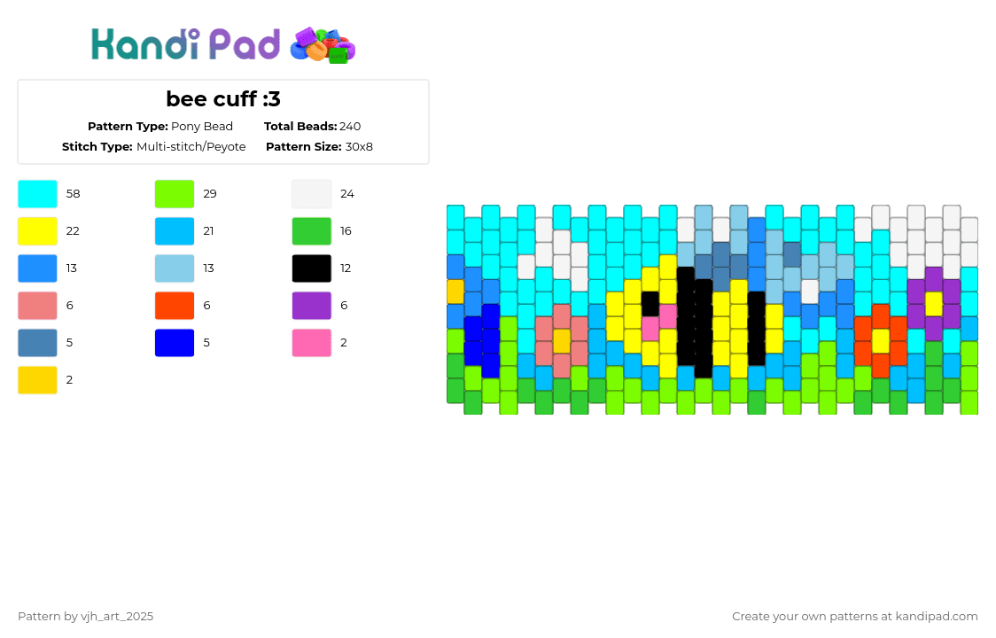 bee cuff :3 - Pony Bead Pattern by vjh_does_art on Kandi Pad - light blue,green