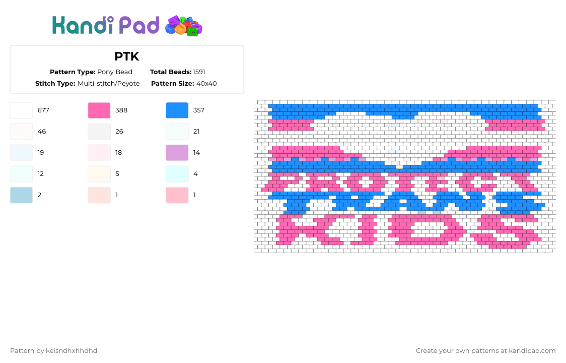 PTK - Pony Bead Pattern by keisndhxhhdhd on Kandi Pad - light blue,pink