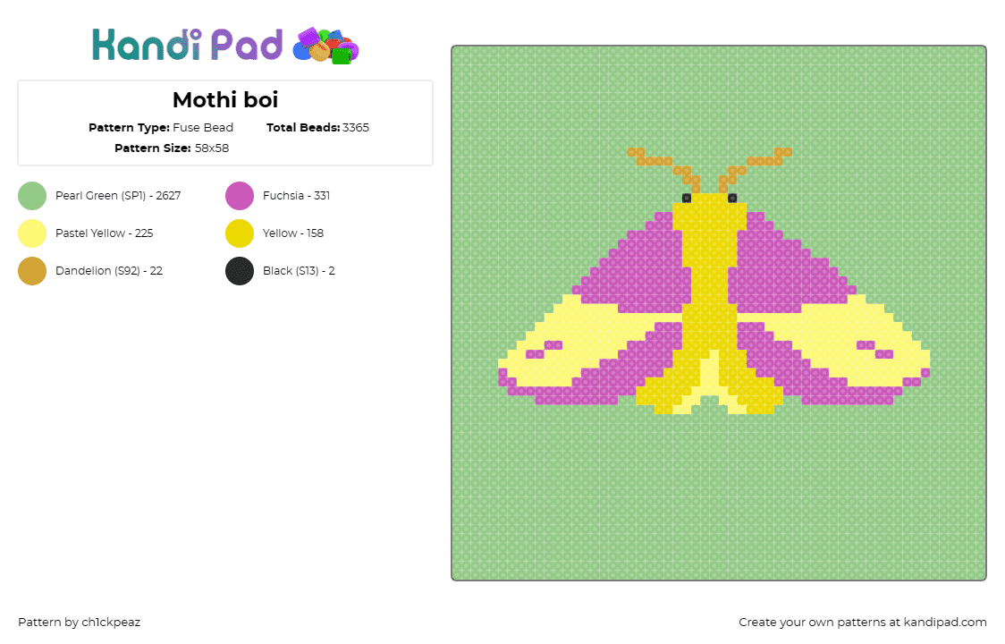 Mothi boi - Fuse Bead Pattern by ch1ckpeaz on Kandi Pad - moth,butterfly,nature,serene,insect,wildlife,delicate,wings,symmetrical,lavender