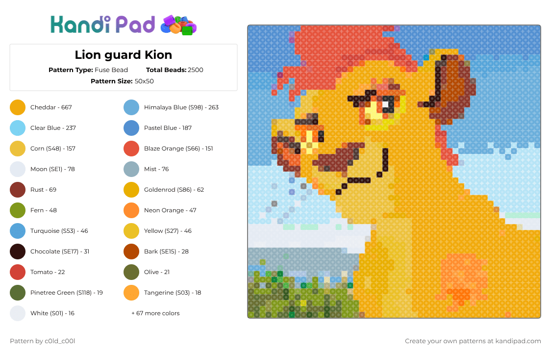 Lion guard Kion - Fuse Bead Pattern by c0ld_c00l on Kandi Pad - light blue,red,orange,yellow,disney,lion guard,lion king,animal