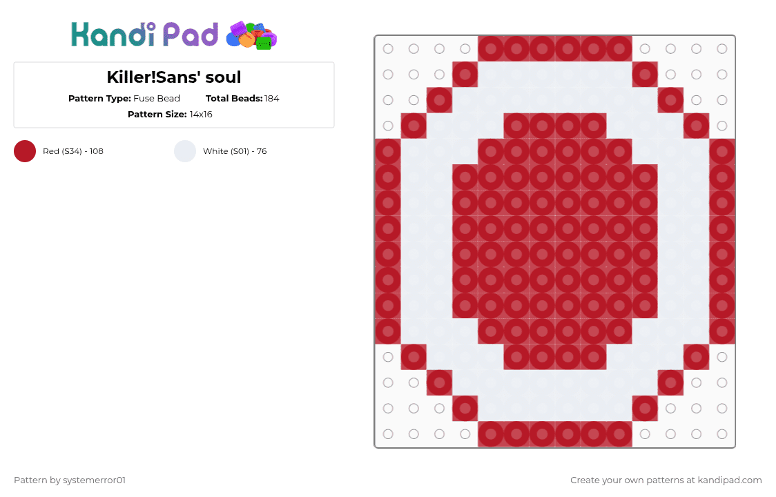 Killer!Sans\' soul - Fuse Bead Pattern by systemerror01 on Kandi Pad - red,white,undertale,undertale aus,underverse,killersans,soul,killersans soul
