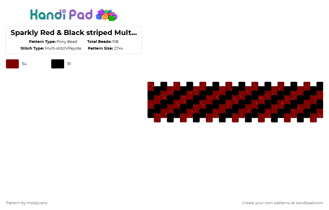 Sparkly Red & Black striped Multistitch cuff - Pony Bead Pattern by moldyvans on Kandi Pad - brown,black