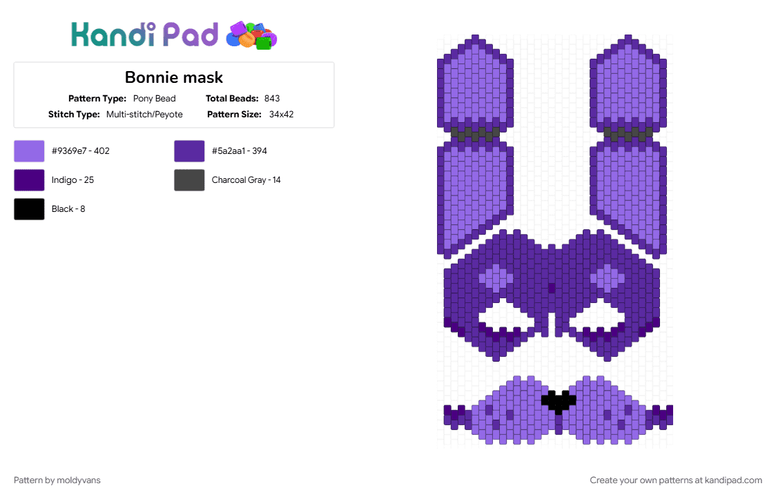 Bonnie mask - Pony Bead Pattern by moldyvans on Kandi Pad - purple